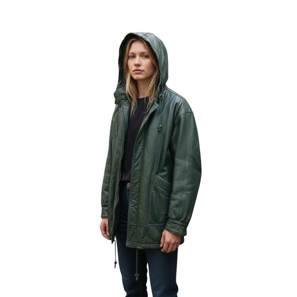Jacqueline Ferrar Women Hooded Jacket Genuine Leather Full Zip Long Sleeve Green